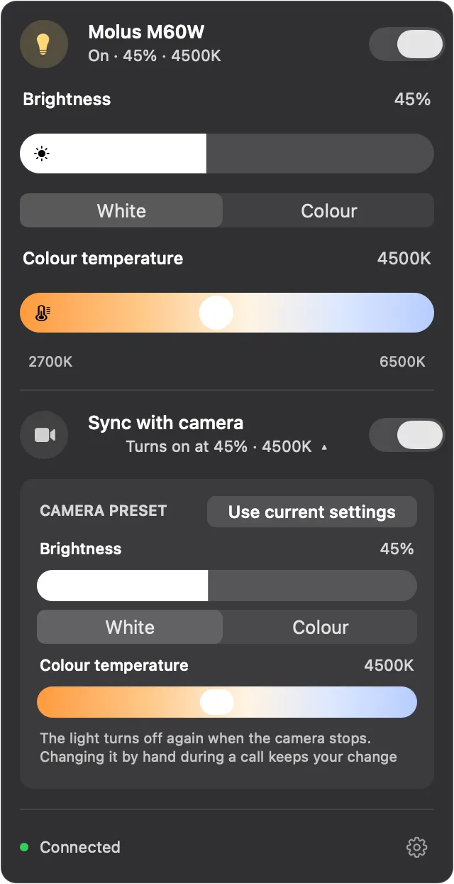 The camera sync preset, expanded, showing brightness and colour temperature settings for when the camera turns on