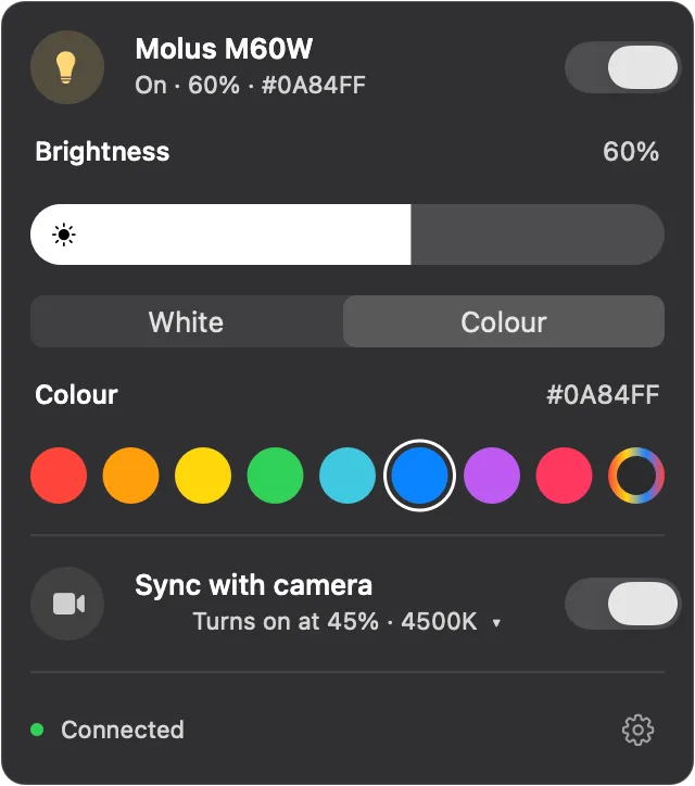 The same panel in colour mode, showing eight colour swatches